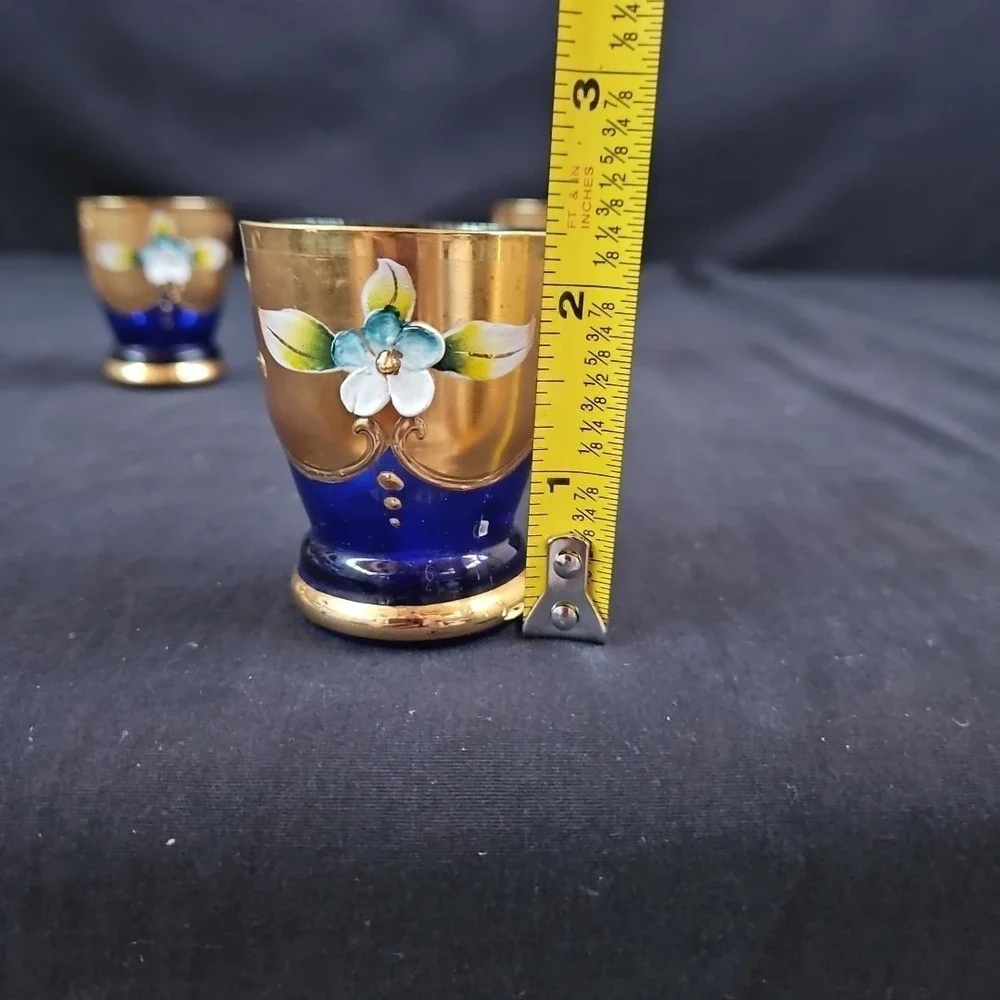 Vtg Blue‎ Cobalt Gold Glided Hand Painting Bohemia Czech Shot Glasses Set of 3